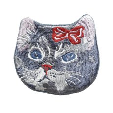 画像1: Nathalie Lete Embroidered cat face pouch Gray cat　NL882 (1)